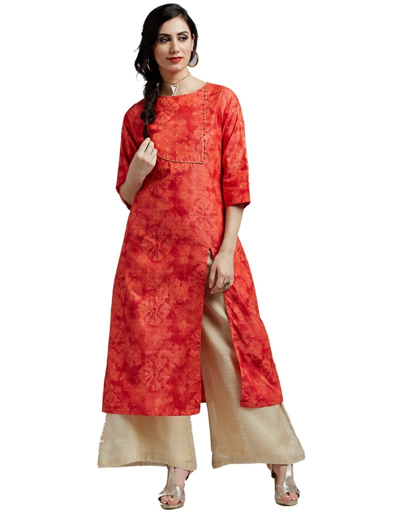 Trending And Stylish Kurtis Ideas For Diwali to Must Try This Festive Season Orange Chanderi Kurta can be paired with Cream Chanderi Checks Palazzo