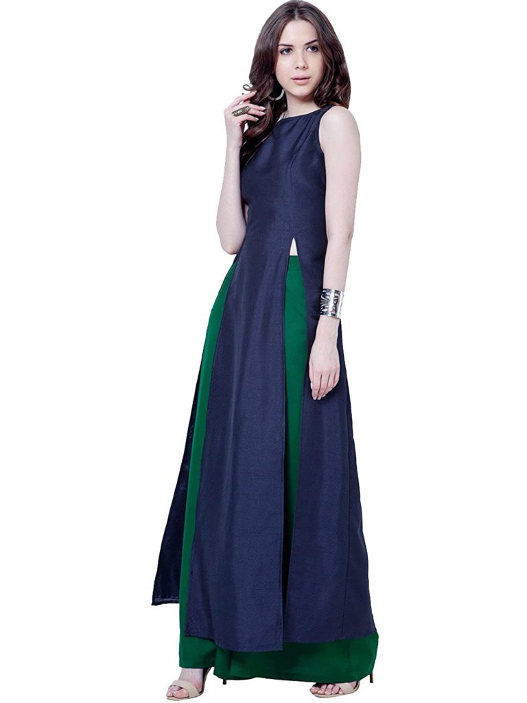 Blue Cotton Woven Design Flared Western Dress – Janasya.com