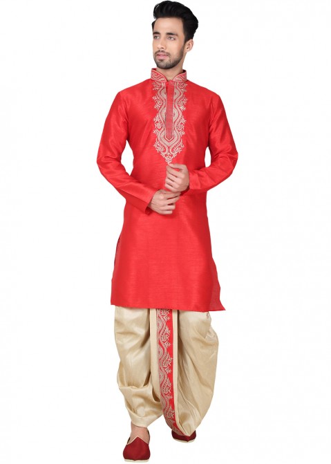 Traditional Red Banarasi and White Dhoti and Punjabi