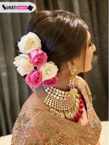 Rose Tucked Low Bun Hairstyles for Lehenga