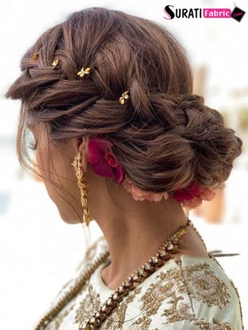 Side Braided Bun Hairstyles for Lehenga