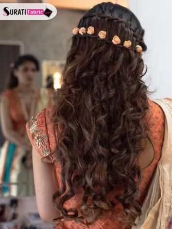 Waterfall Braids Hairstyle with Roses lehenga wearing style