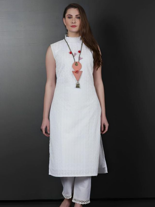 Beautiful Offwhite embroidered V-neck cotton kurta with pant and Cutwo