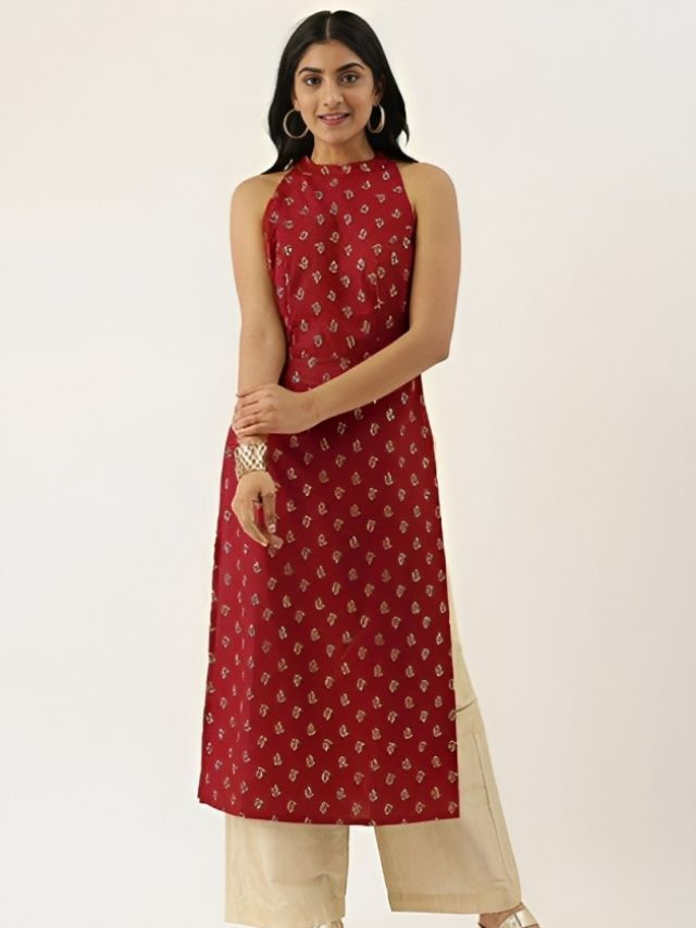 Blue Printed Halter Neck Kurta With Pants And Dupatta