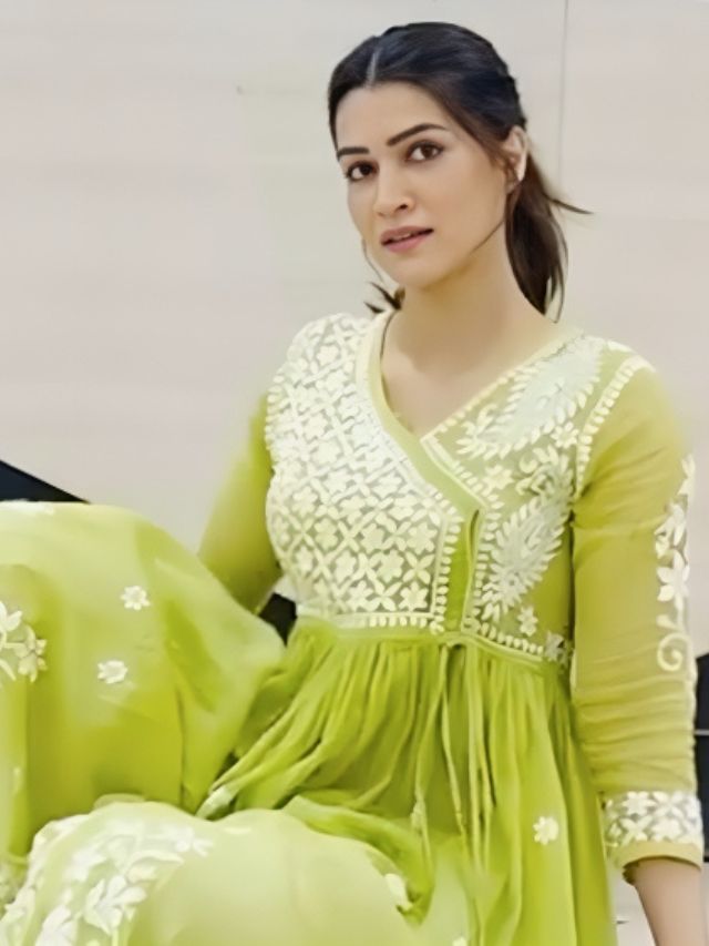 Kriti Sanon in Angrakha Style Cotton Kurti Neck Designs