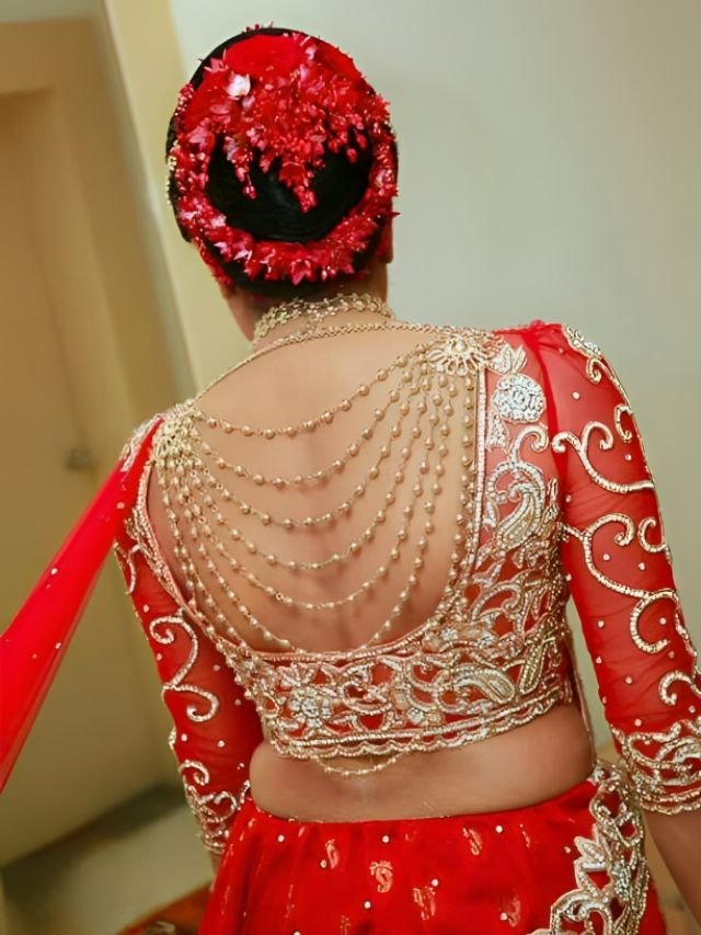 Jewellery attached lehenga blouse back design