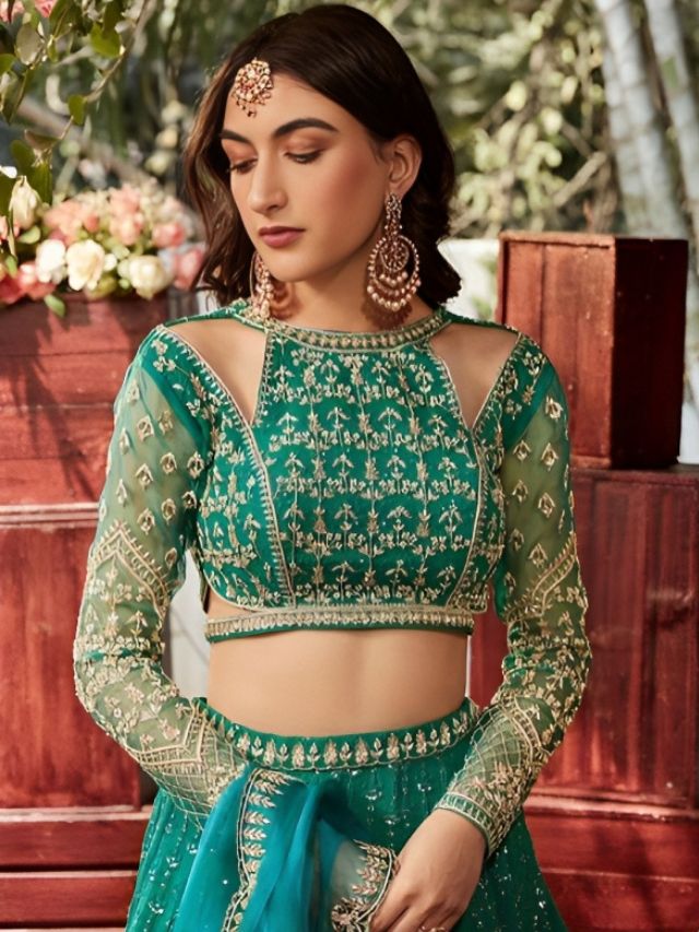 Lehenga Blouses in Cold-shoulder Sleeve Designs