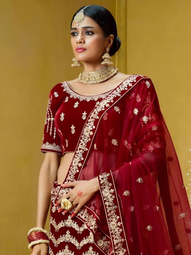 Wine Velvet Lehenga Blouse Design