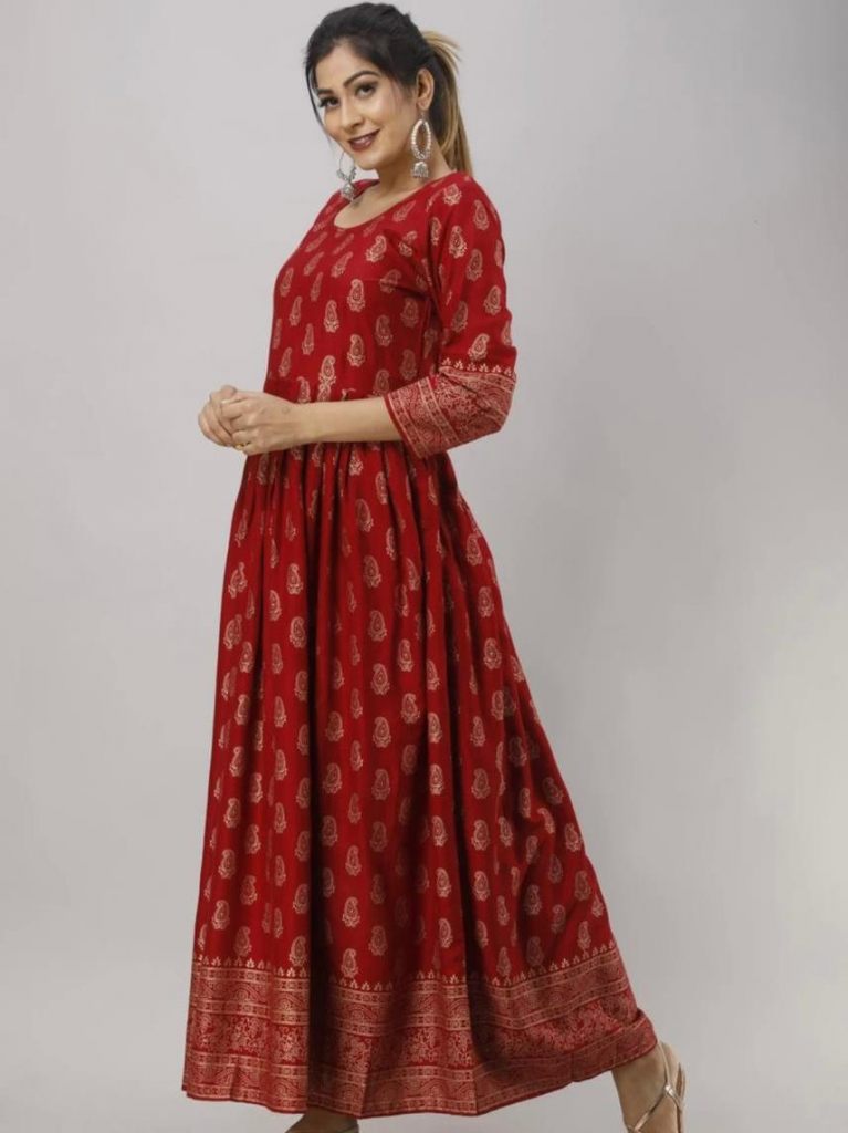 Red Muslin Printed A-Line Kurta with Zari Embroidery Details at Soch