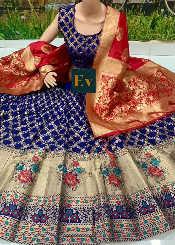 Buy ETHNIC BROCADE LEHENGA CHOLI IN GLAMOROUS PEACH AND BLUE COLOR at Rs.  1750 online from Surati Fabric lehenga choli : SF-ETHNIC-PEACH BLUE
