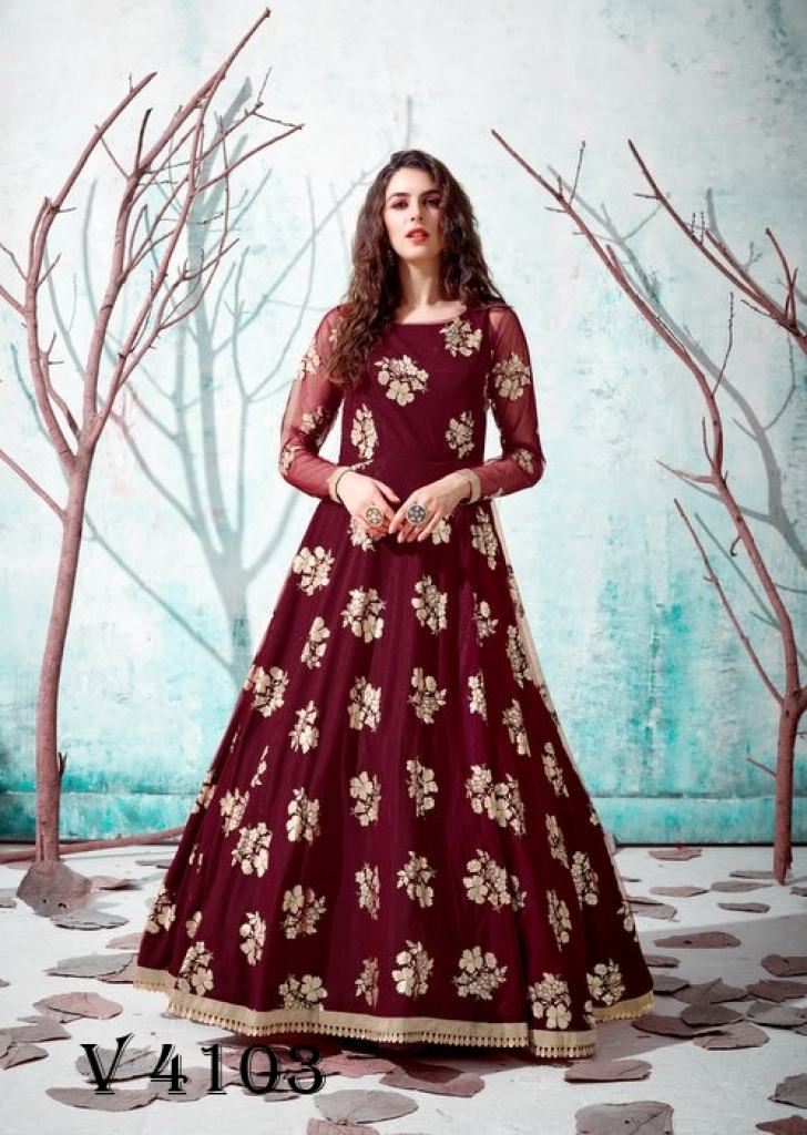 Floor Length Long Embroidered Designer Gown with Jacket in Maroon Color -  Traditional Essence