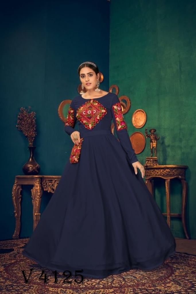 Fascinating Party Wear Navy Blue Color Georgette Thread Work Gown - Fashion  Mantra