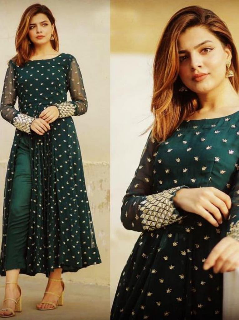 Latest Georgette Plain green Kurti With Dupatta Collection 04