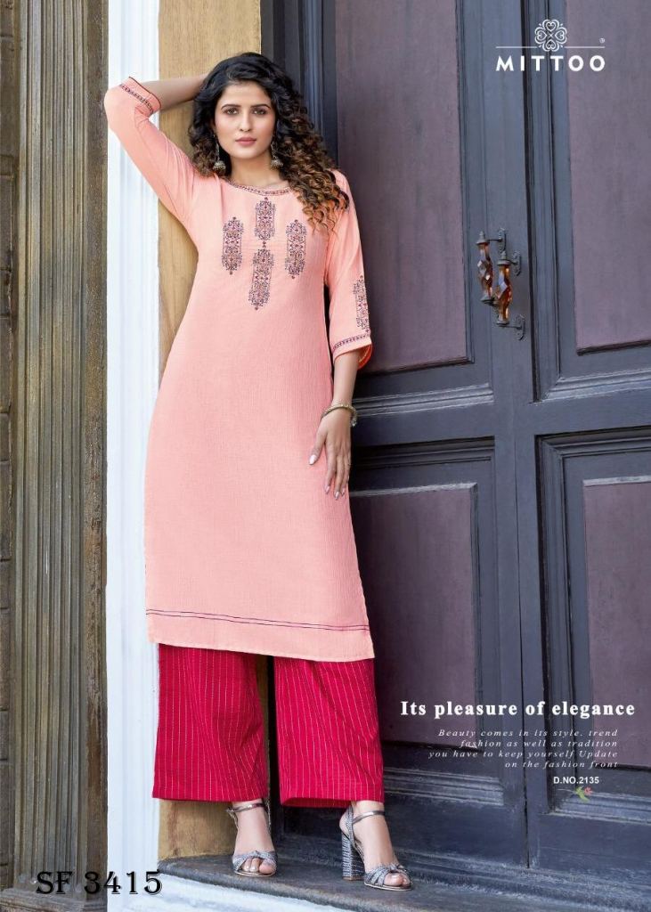 RANGPREET VOL 4 BY MITTOO BRAND RAYON EMBROIDERY AND HAND WORK KURTI WITH  COTTON PANT AND SEQUANCE DUPATTA WHOLESALER AND DEALER