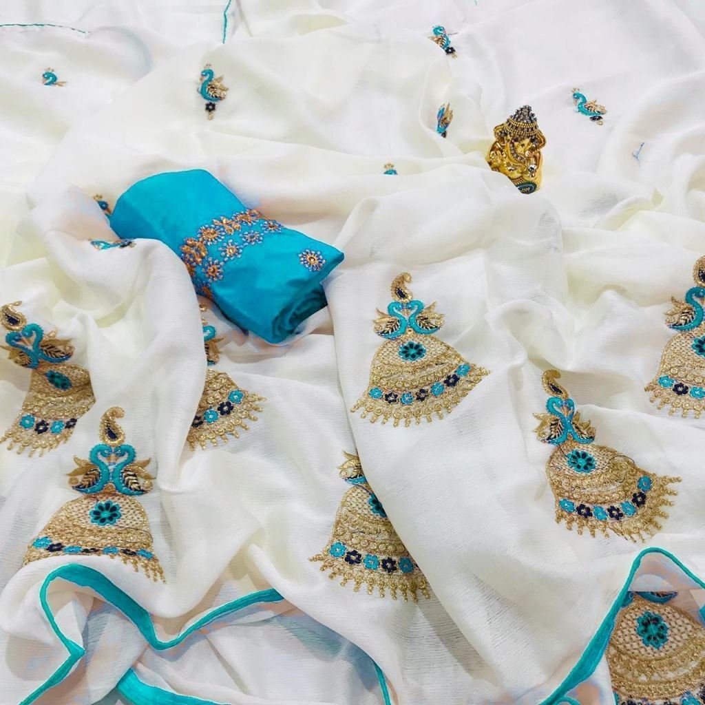 WHITE JUMKA SAREE SKY BLUE BLOUSE 