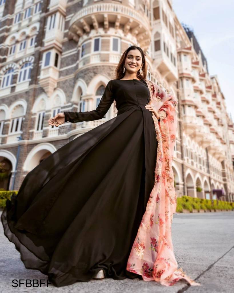 Fluffy black gown with black beadwork and crystal drops – Ricco India