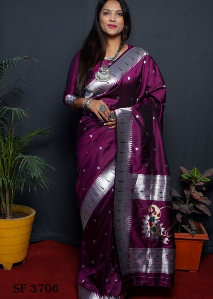 nath paithani Pure Silk Paithani Saree In Wine Color By Surati Fabric