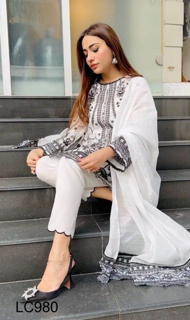 Pakistani Eid Wedding Party Wear Women Embroidery Work Designer Rayon White  Kurti Pant With Dupatta Dress Set.special for Women and Girls. - Etsy