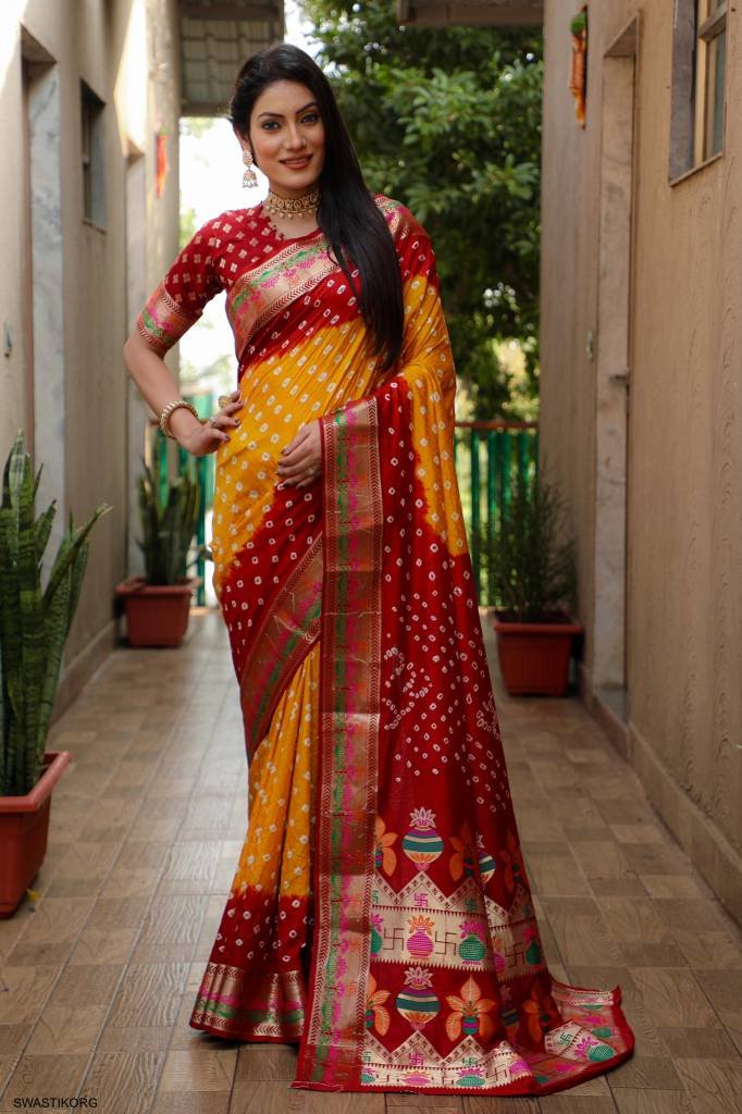 Bandhej Patola Pure Silk Orange Wedding Traditional Saree
