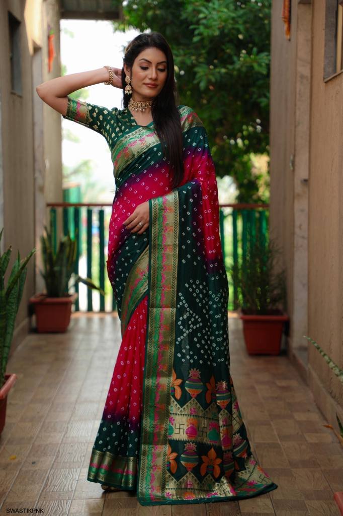 Women Pink pure_cotton Printed Bandhej Ehtnic Saree