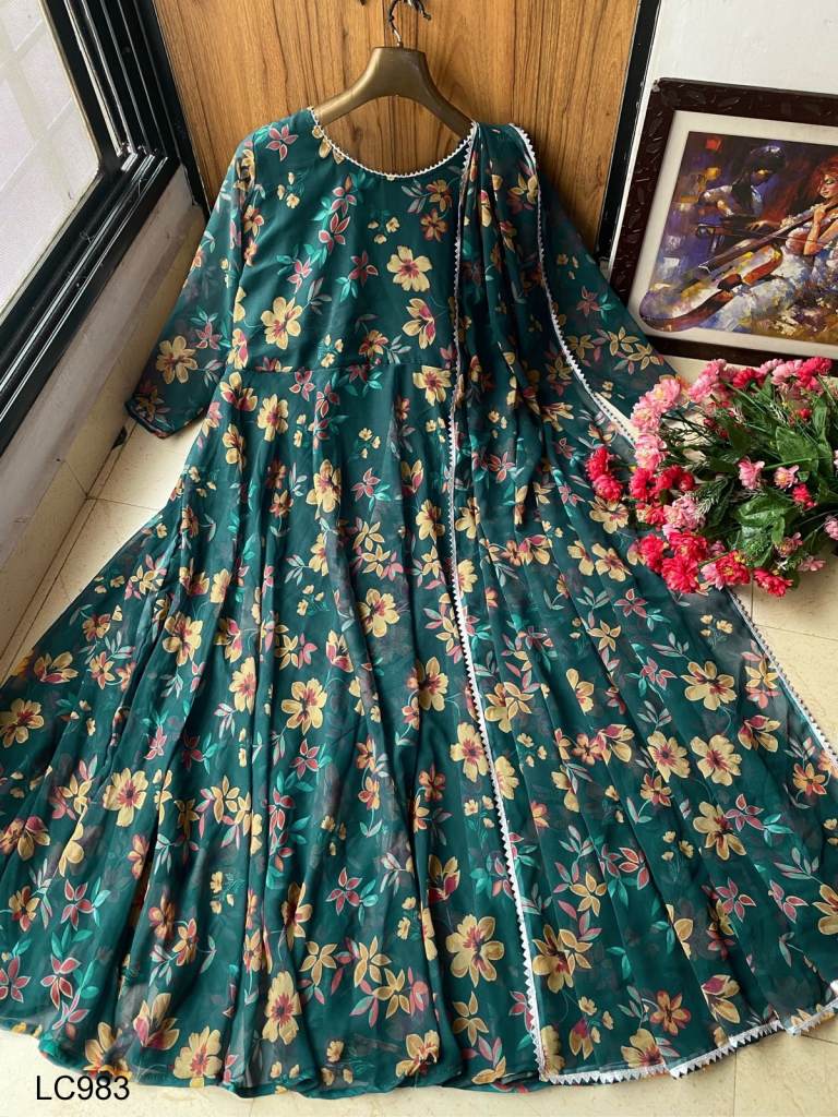 fabric by Georgette round neck stylish sleeve printed long wear casual  formal wedding function party wear gown women dress long and girl