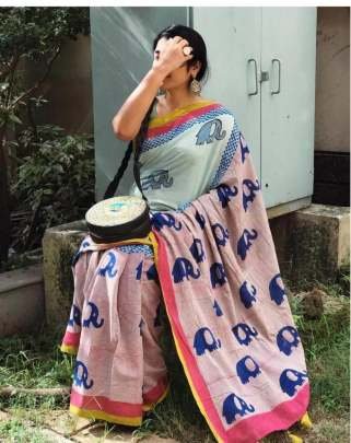 BEAUTIFUL FANCY COTTON SAREE WITH ELEPHANT DIGITAL PRINT 
