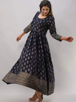 Beautiful Heavy Reyon With Heavy Gold Print Navy Blue Color Kurti