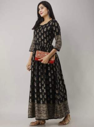 Beautiful Heavy Reyon With Heavy Gold Print Black Color Kurti