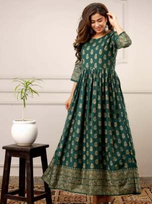 Beautiful Heavy Reyon With Heavy Gold Print Green Color Kurti