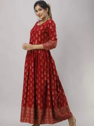 Beautiful Heavy Reyon With Heavy Gold Print Red  Color Kurti