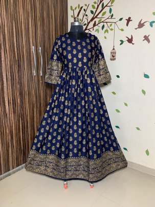 Beautiful Heavy Reyon With Heavy Gold Print Navy Blue Color Kurti