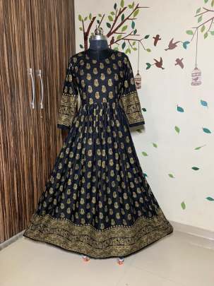 Beautiful Heavy Reyon With Heavy Gold Print Black Color Kurti