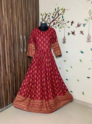 Beautiful Heavy Reyon With Heavy Gold Print Red  Color Kurti