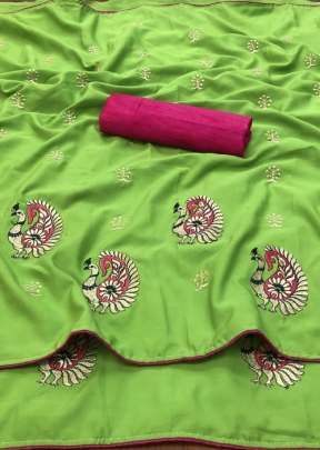 Beautiful Indian Glory More Butta Crape Silk Parrot Color Saree