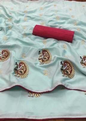 Beautiful Indian Glory More Butta Crape Silk Light Sky Color Saree