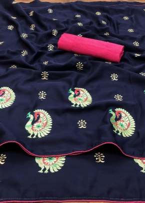 Beautiful Indian Glory More Butta Crape Silk Navy Blue Color Saree