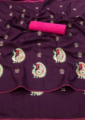 Beautiful Indian Glory More Butta Crape Silk Wine Color Saree
