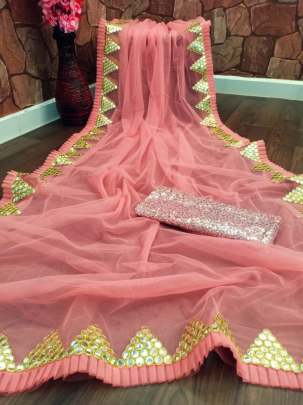 Beautiful Rufful With Embroidery Mirror Work Premium Net Peach Color Saree 