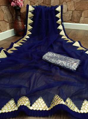 Beautiful Rufful With Embroidery Mirror Work Premium Net Dark Blue Color Saree 