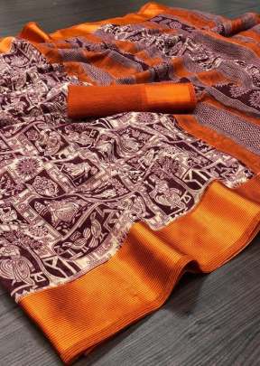 Beautiful Soft Linen Cotton Saree For Daily Wear Orange Color.