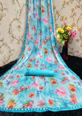 Beautifull Stylish  Lycra Saree  With Digital Printed Light Blue .