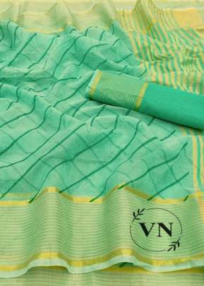 Cotta Chex With Print Green Colour Saree
