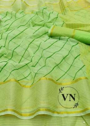 Cotta Chex With Print Light Green Colour Saree