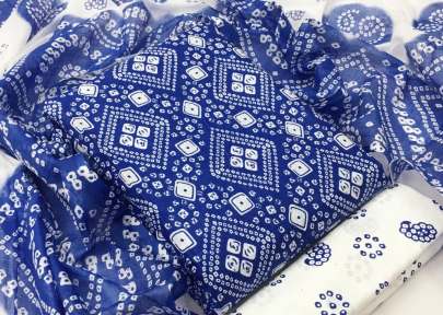 Cotton Printed Badhani Blue And White Color Dress