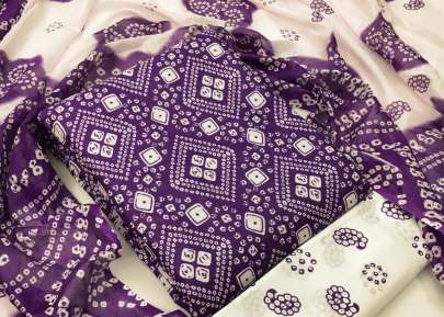 Cotton Printed Badhani Purple And White Color Dress