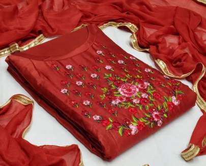 Cotton Rose Dress Material Red Colour