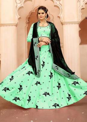 DESIGNER SOFT TIFI SILK LEHENGA LIGHT GREEN WITH BLACK.