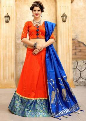 DESIGNER SOFT TIFI SILK LEHENGA ORANGE WITH ROYAL BLUE.