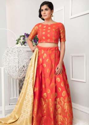 DESIGNER SOFT TIFI SILK LEHENGA LIGHT RANI ORANGE WITH CREAM.