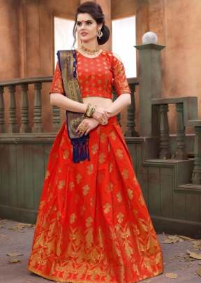 DESIGNER SOFT TIFI SILK LEHENGA ORANGE WITH NEVY BLUE.